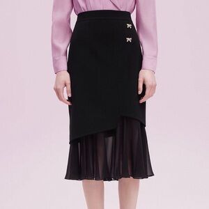 Asymmetric Black Mermaid Midi Skirt with Sheer Pleated Hem and Crystal Bow Deco